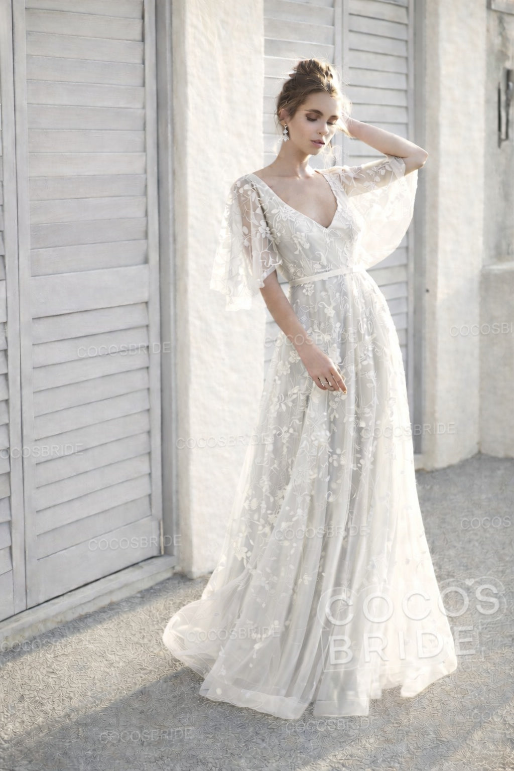 Long A-line V Neck Half Sleeves Lace Backless Boho Wedding Dresses