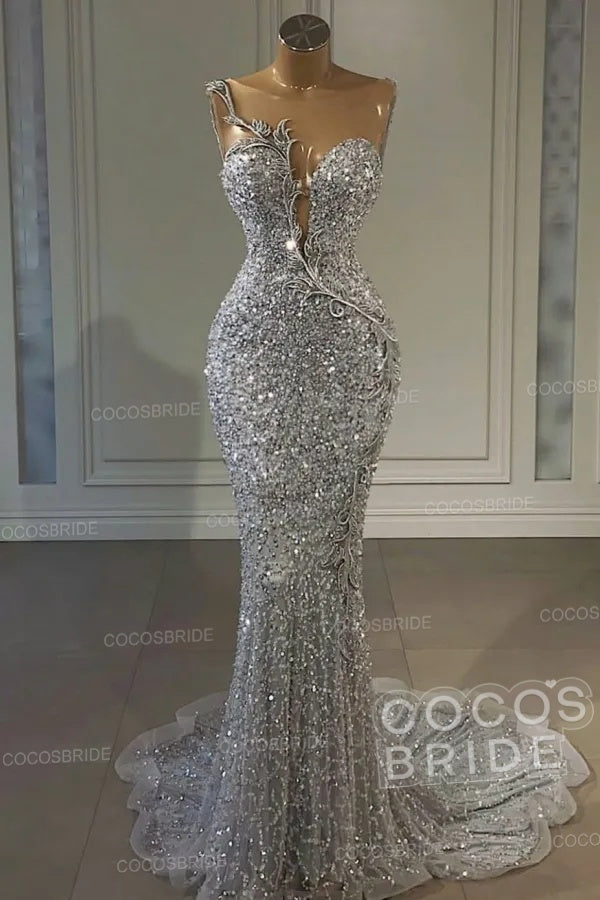 Long Mermaid Sweetheart Tulle Sequin Formal Prom Dress