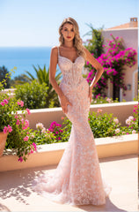 Spaghetti Straps Sweetheart Appliques Lace Mermaid Tulle Prom Dress with Beads