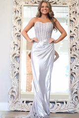 Sparkly Long Strapless Mermaid Beading Prom Dress with Slit