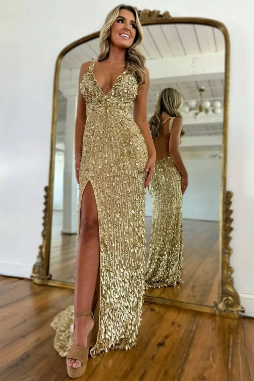 Sparkly Gold V-neck Long Mermaid Sequined Corset Prom Dress