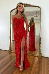 Sparkly Gold Sweetheart Long Mermaid Sequined Prom Dress with Slit