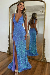 Sparkly Gold V-neck Long Mermaid Sequined Corset Prom Dress