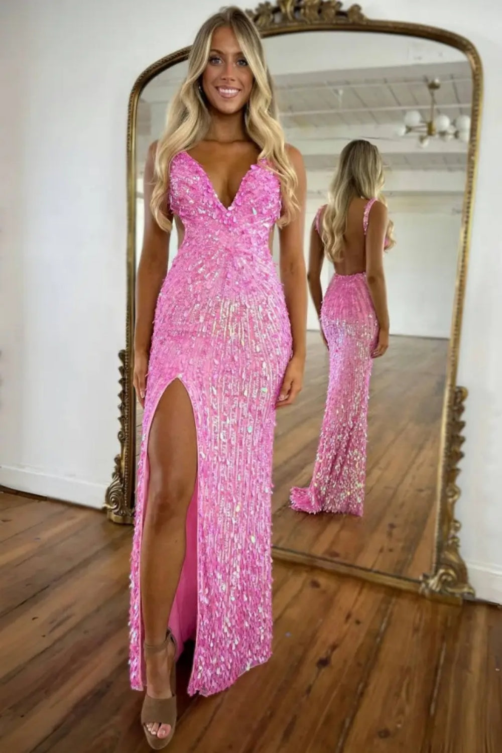 Sparkly Gold V-neck Long Mermaid Sequined Corset Prom Dress