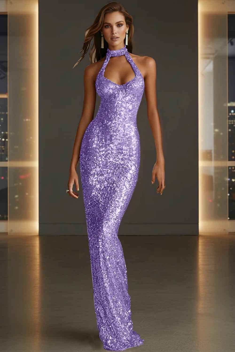 Sparkly Halter Sleeveless Mermaid Sequined Prom Dress