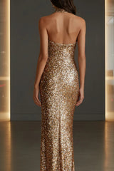 Sparkly Halter Sleeveless Mermaid Sequined Prom Dress