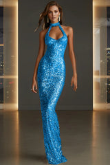 Sparkly Halter Sleeveless Mermaid Sequined Prom Dress