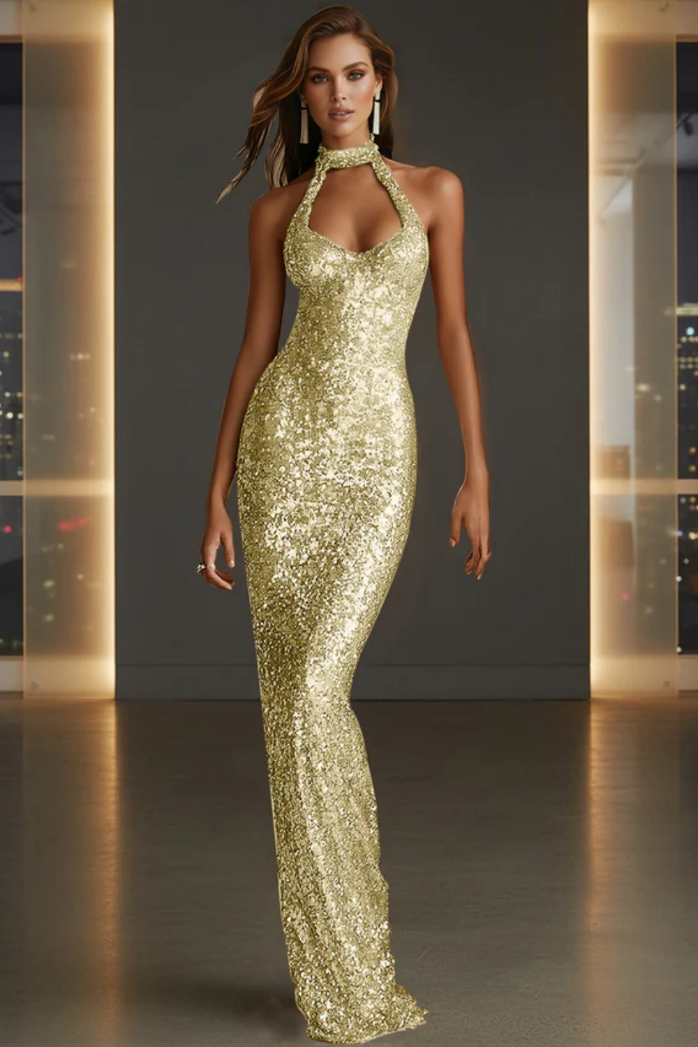 Sparkly Halter Sleeveless Mermaid Sequined Prom Dress