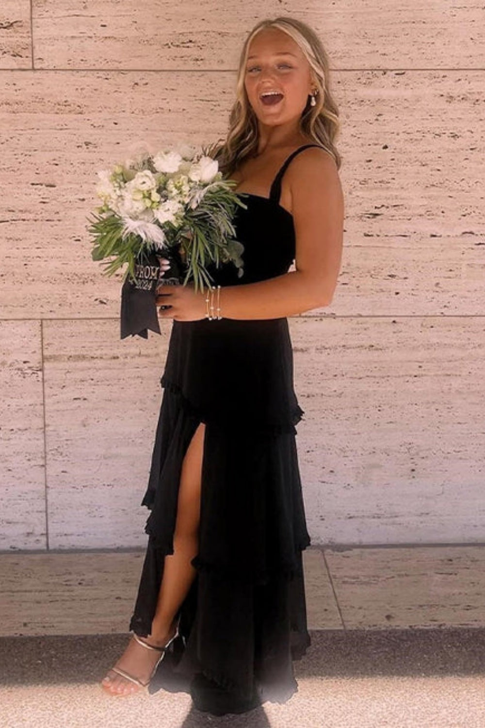 Simple Square Neck  A-line Chiffon Formal Dress with Split