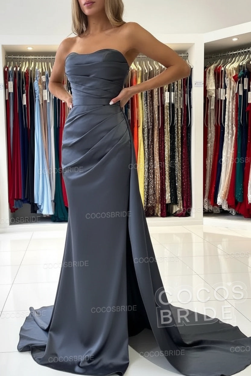 Long Mermaid Strapless Satin Prom Dress with Slit