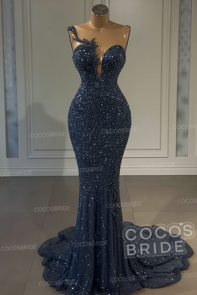 Long Mermaid Sweetheart Tulle Sequin Formal Prom Dress