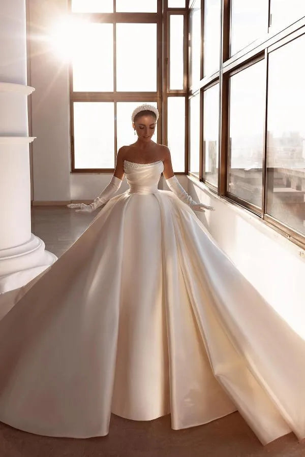 Strapless Ball Gown Long Satin Wedding Dress with Long Gloves