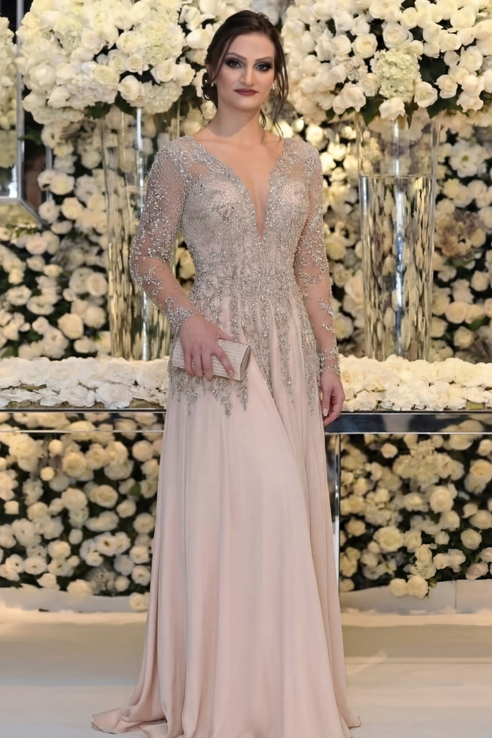 Long Sleeve Floor Length A-line Mother Of Bride Dress With Beading