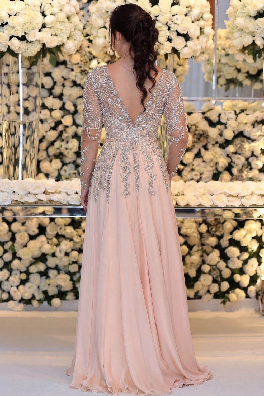 Long Sleeve Floor Length A-line Mother Of Bride Dress With Beading