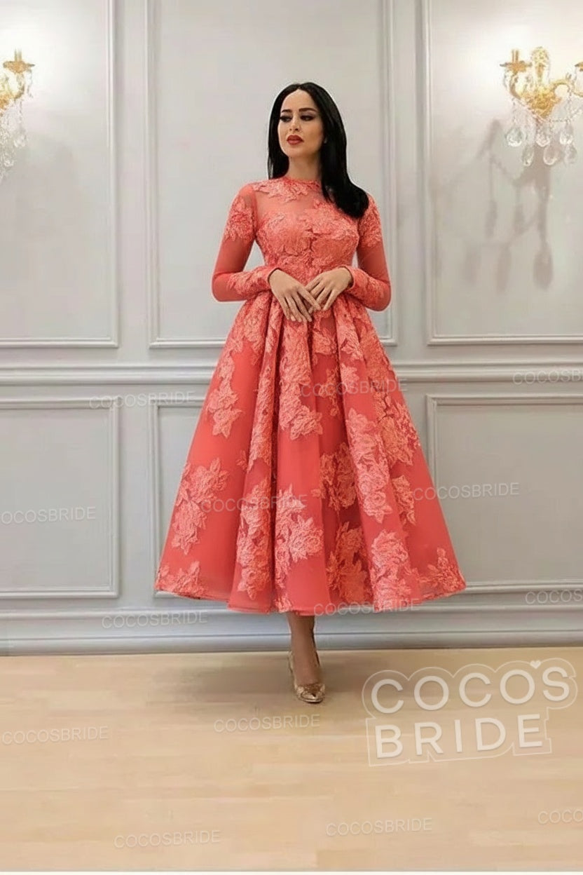 Elegant A-line High Neck Lace Formal Evening Dress with Sleeves