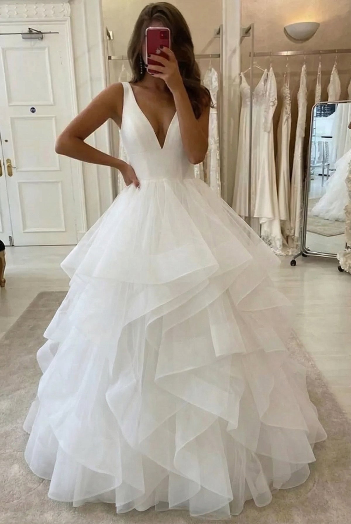 White Long A-line Tulle Ruffles V Neck Lace Up Wedding Dress