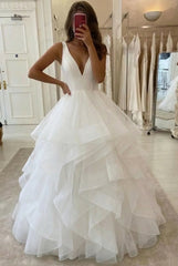 White Long A-line Tulle Ruffles V Neck Lace Up Wedding Dress