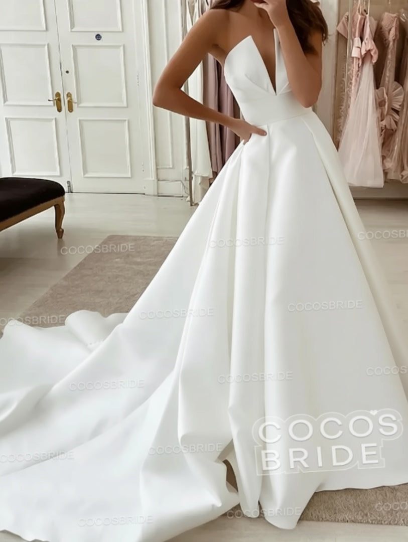 White Long A-line V-neck Satin Sleeveless Wedding Dresses