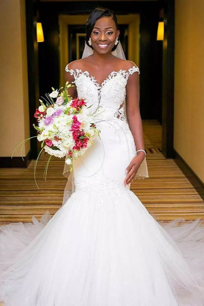White Long Mermaid Sweetheart Tulle Lace Backless Wedding Dresses