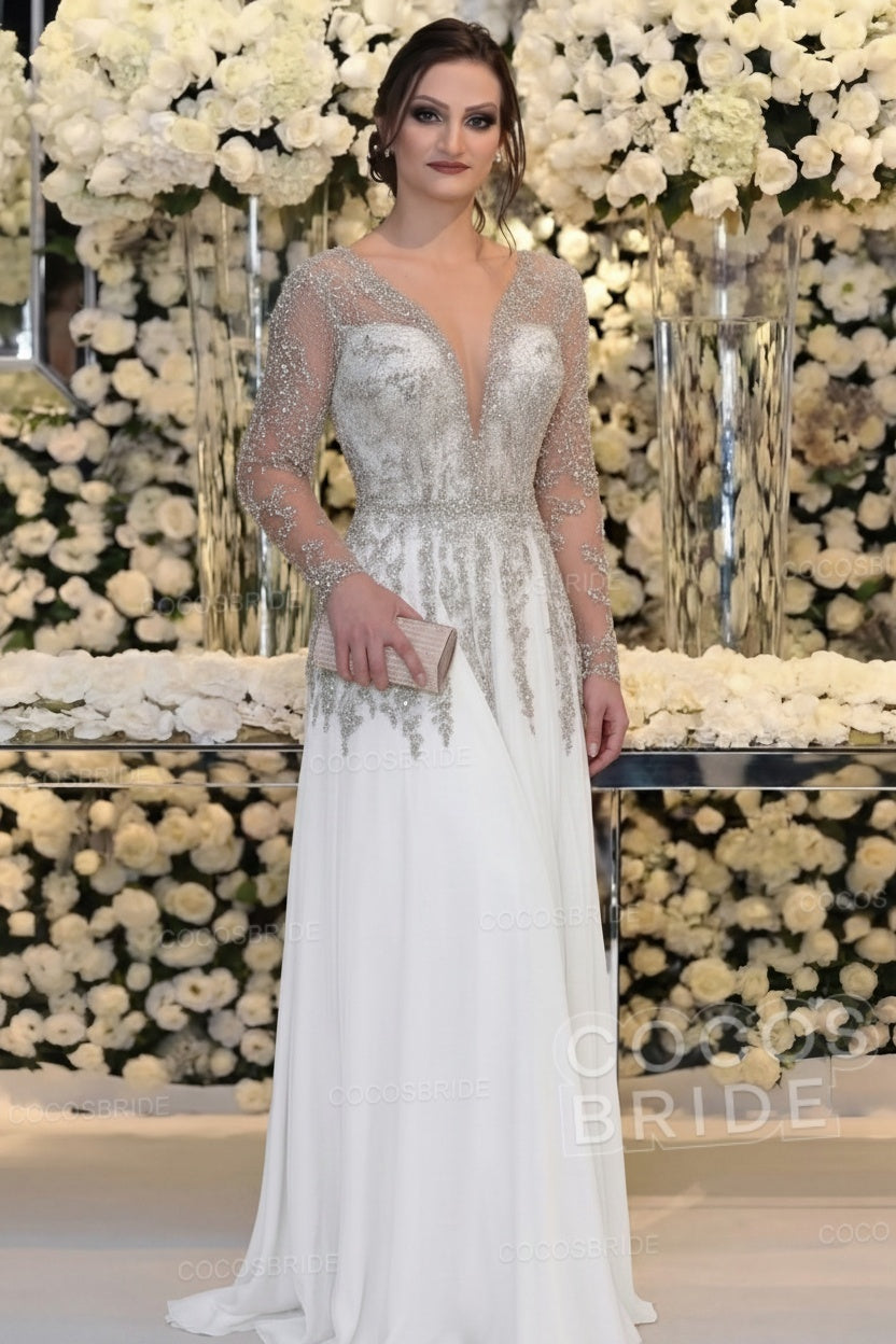 Long Sleeve Floor Length A-line Mother Of Bride Dress With Beading