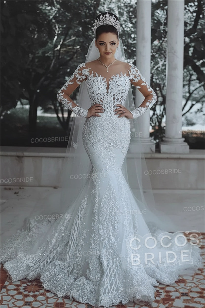 Luxury Long Beaded Lace Mermaid Sheer Tulle Wedding Dresses with Sleeves