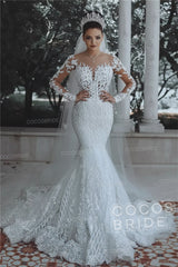 Luxury Long Beaded Lace Mermaid Sheer Tulle Wedding Dresses with Sleeves
