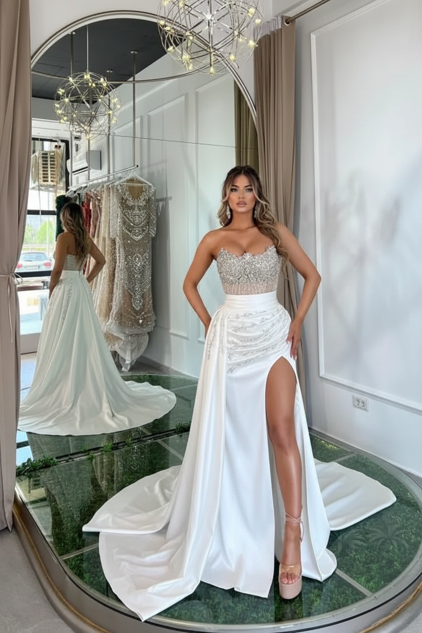 Luxury Mermaid Sweetheart Satin Long Beading Prom Dress with Split