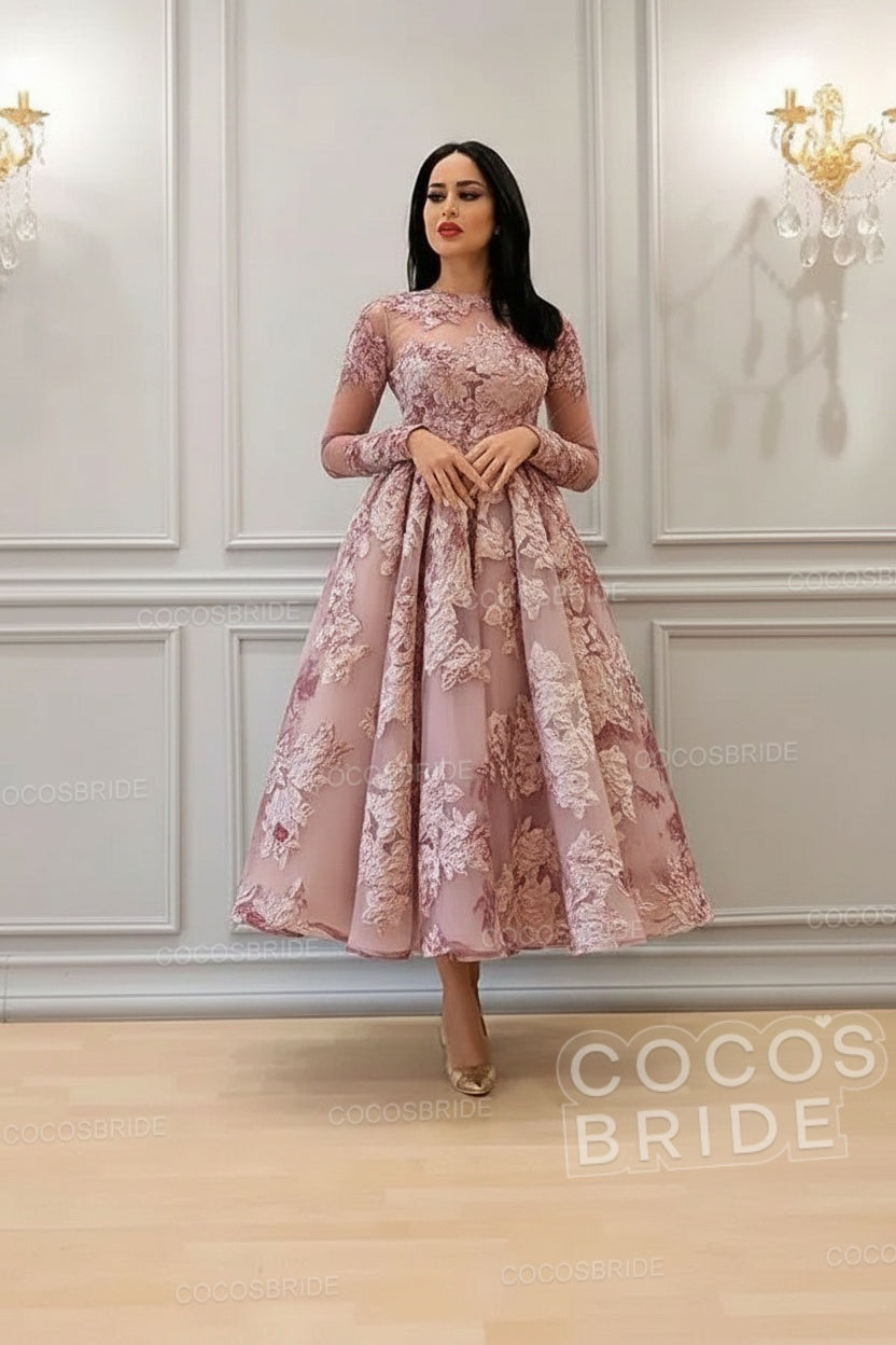 Elegant A-line High Neck Lace Formal Evening Dress with Sleeves