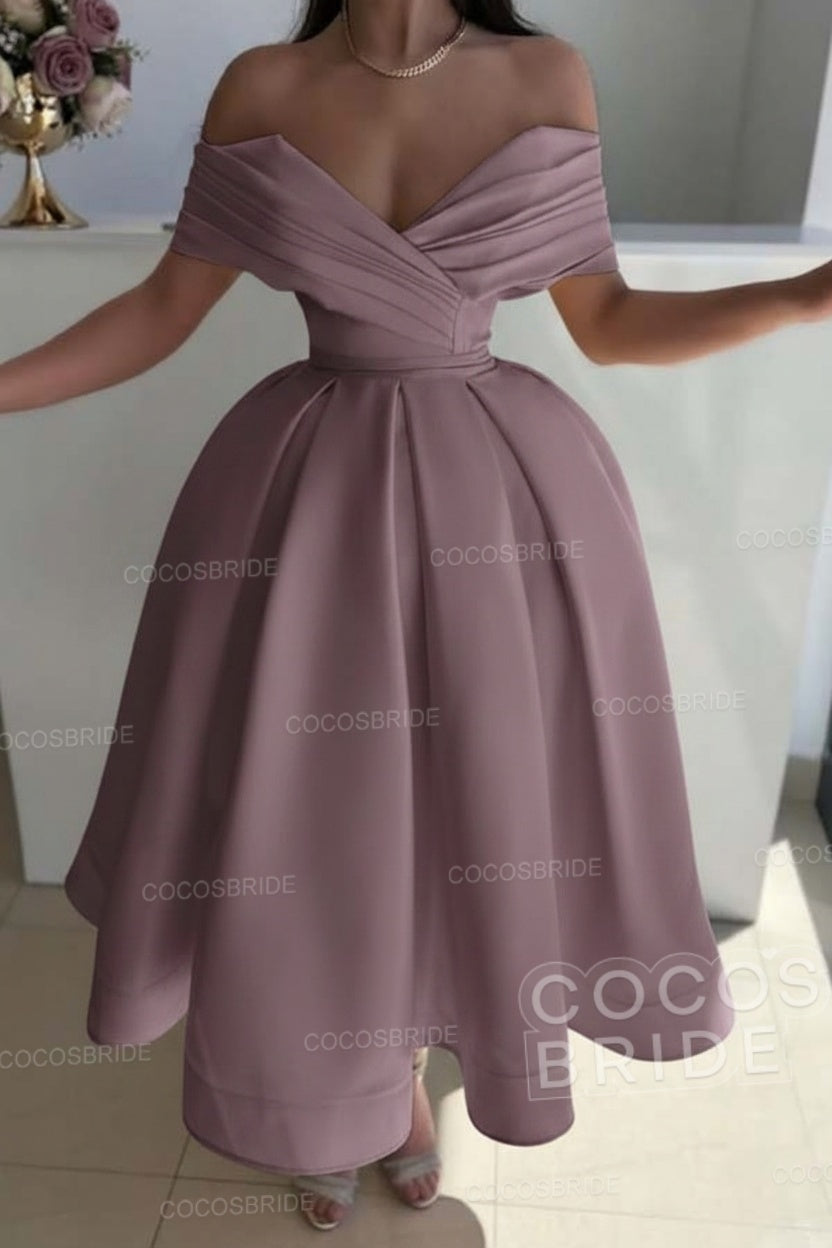 Off the Shoulder A-Line Satin Prom Dress with Pleated