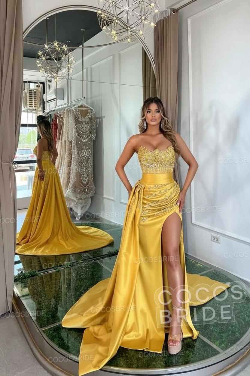 Luxury Mermaid Sweetheart Satin Long Beading Prom Dress with Split