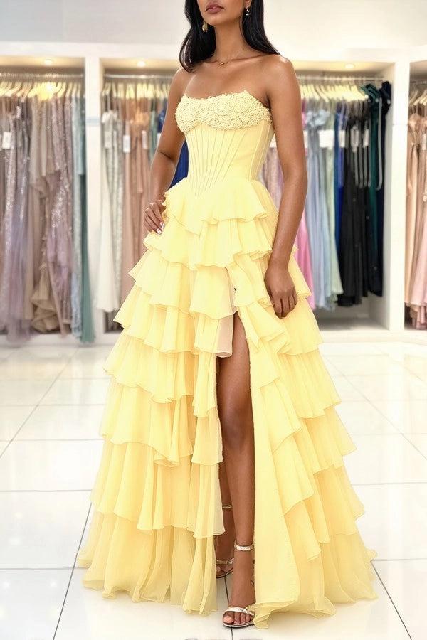 Yellow Strapless High Slit A-line Prom Dress with Ruffles