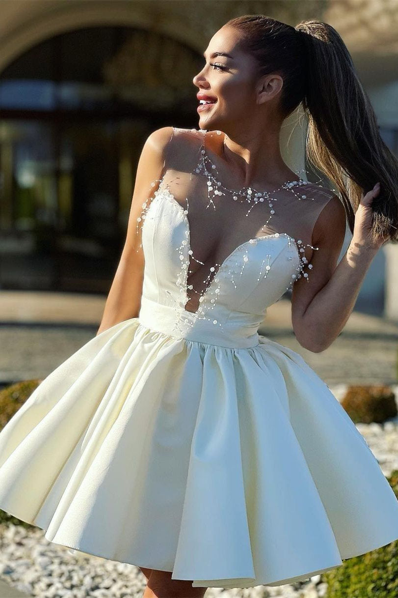 A-Line V-Neck Ivory Short Homecoming Dress with Beads