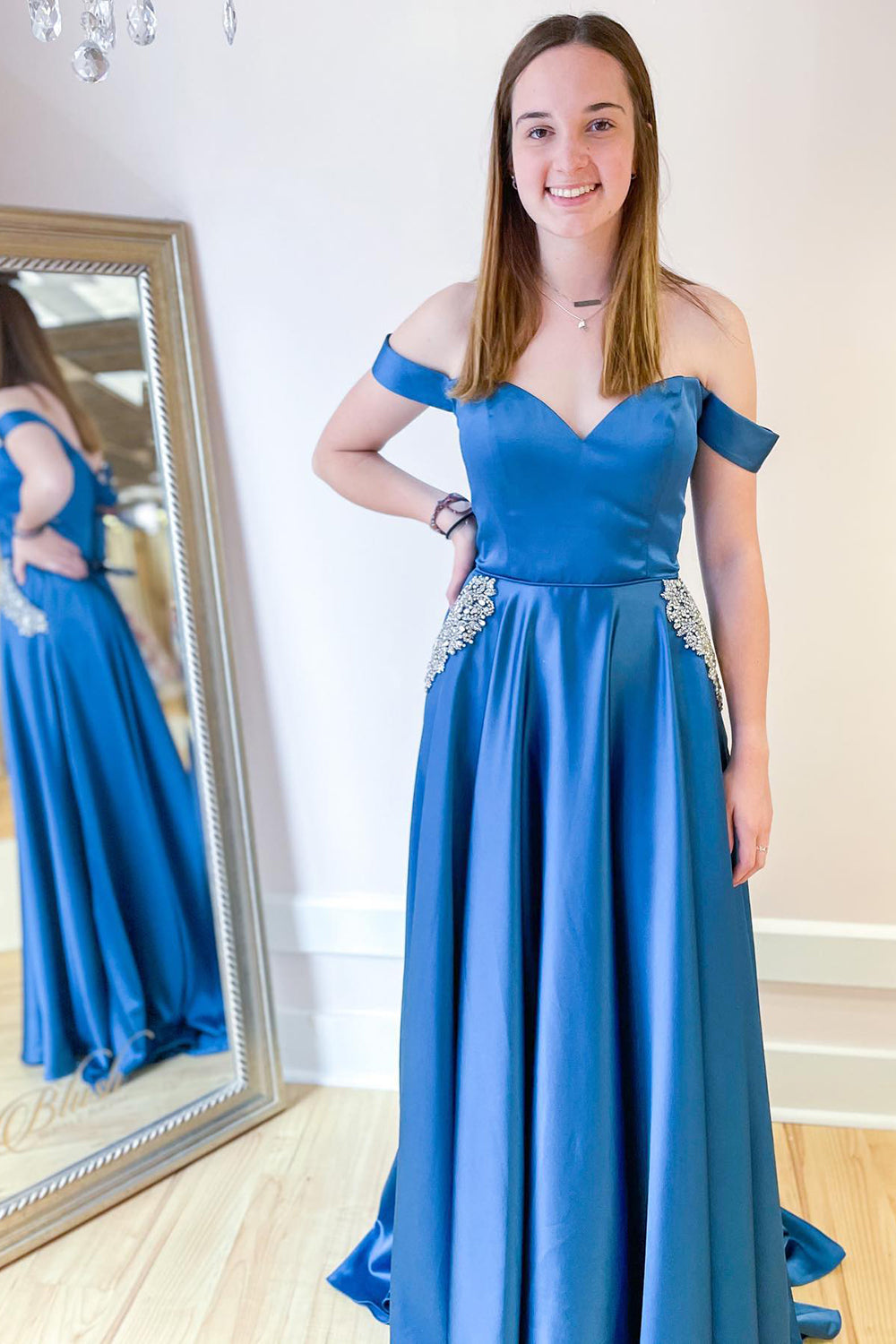 Long Saitn Off the Shoulder Sweetheart A-line Prom Dress With Pockets