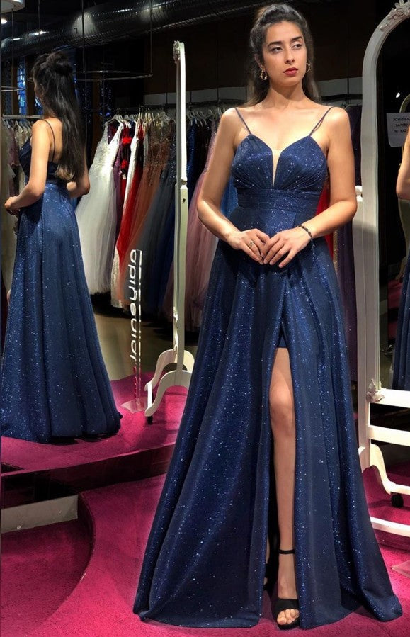 Long A-line V-neck Spaghetti Straps Glitter Prom Dress with Slit