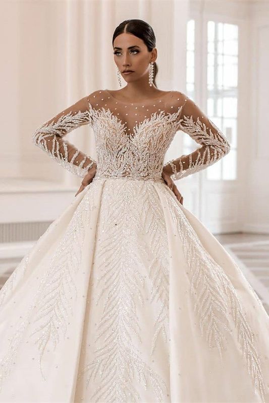 Gorgeous Long Sleeves Bateau Crystal Pearl Ball Gown Satin Wedding Dress