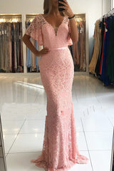 V-neck Backless Short Sleeves Beading Lace Mermaid Floor Length Prom Dress
