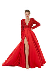 Charming Long Sleeves A-line V-neck Satin Beading Formal Dress With Slit