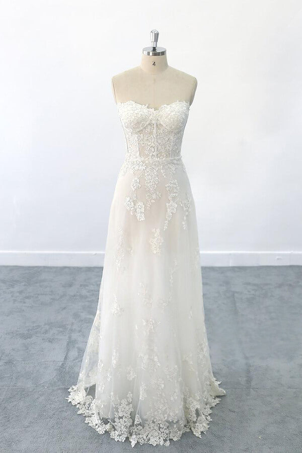 Long Sweetheart Appliques Lace Strapless Tulle Mermaid Wedding Dress
