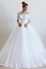 Long Off the Shoulder Lace Tulle Ball Gown Wedding Dress	 with Sleeves