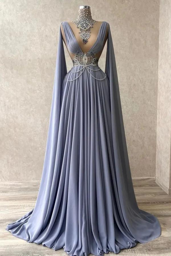 Long A-line V-neck Beading Chiffon Formal Prom Dresses