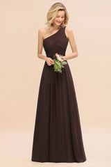 Elegant Chocolate A-line Chiffon Ruffles One Shoulder Long Bridesmaid Dress