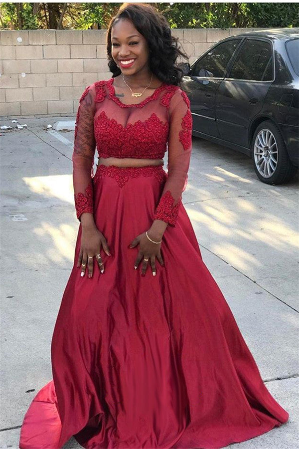 Long A-line Jewel Satin Two Pieces Prom Dress with Sleeves