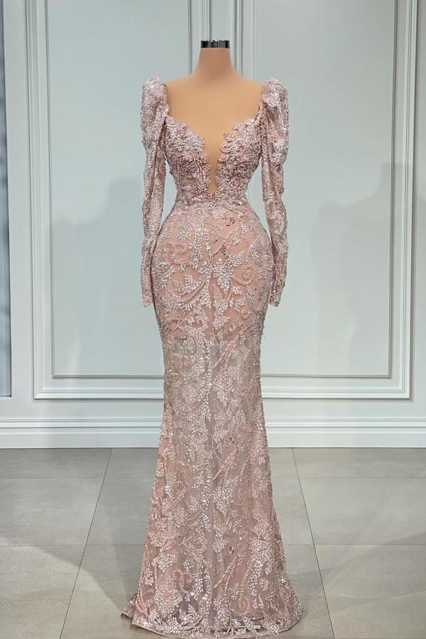 Sparkle Long Mermaid V-neck Tulle Lace Formal Dress with Sleeves