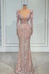 Sparkle Long Mermaid V-neck Tulle Lace Formal Dress with Sleeves