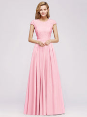 Long A-line Chiffon Crew Neck Lace Floor Length Bridesmaid Dress