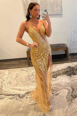 Mermaid Long Spaghetti Straps Sequins V-Neck Tulle Prom Dress with Slit