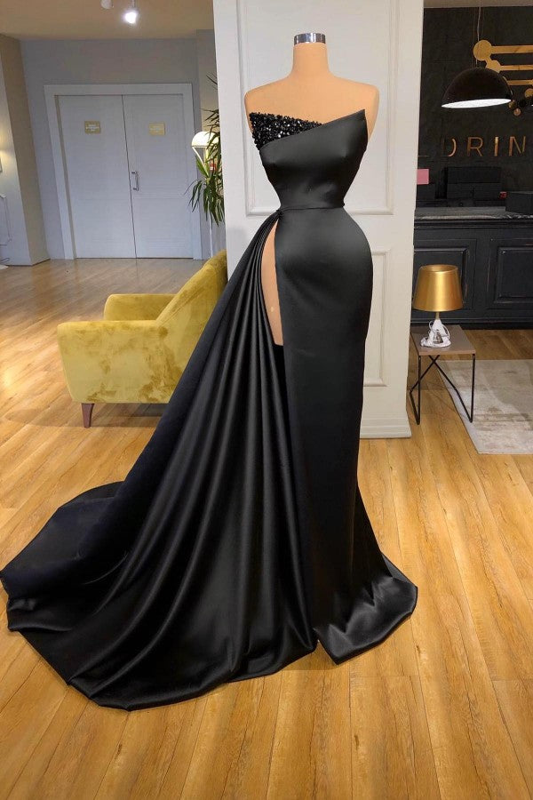 Black Long Mermaid Strapless Beading Satin Formal Prom Dresses with Slit