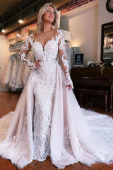 Long Mermaid Sweetheart Tulle Lace Long Sleeves Wedding Dress With Appliques
