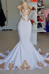Long Halter Appliques Mermaid White Prom Dress