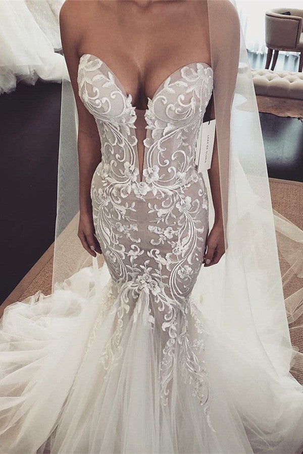 Long Sweetheart Tulle Lace Mermaid Wedding Dress